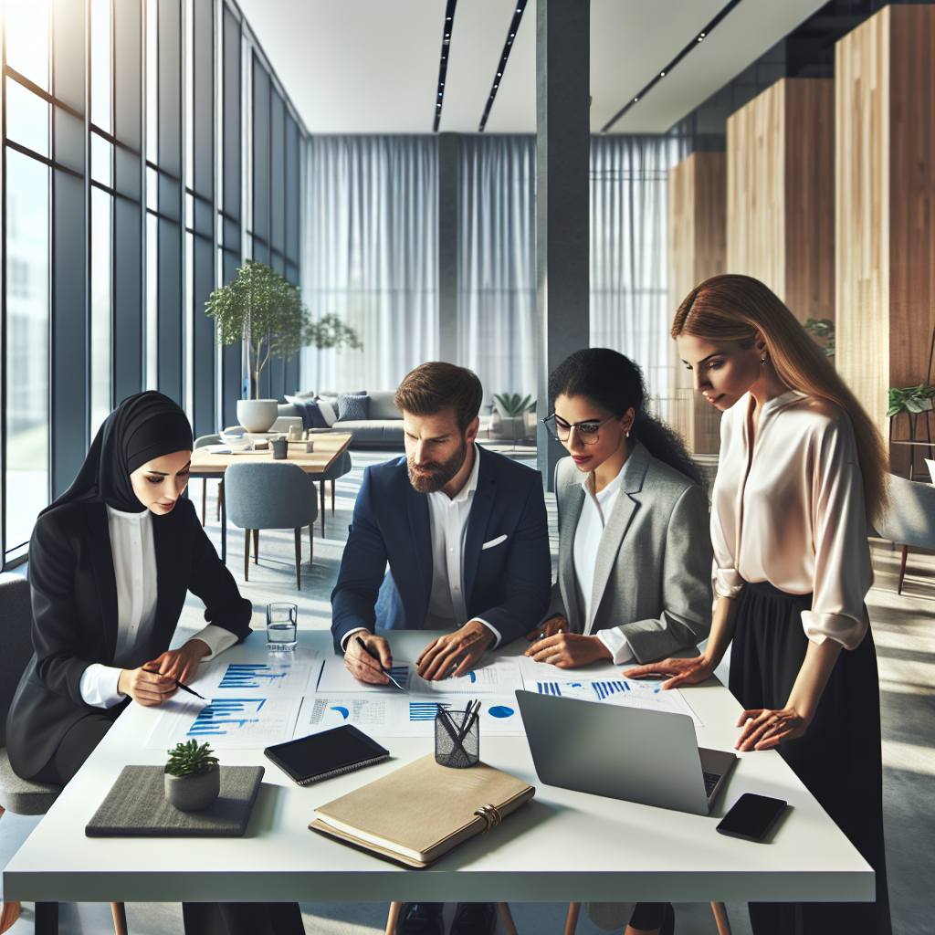 Business owners reviewing loan options in a modern Norwegian office, charts and laptop on table, natural light, professional and clear style
